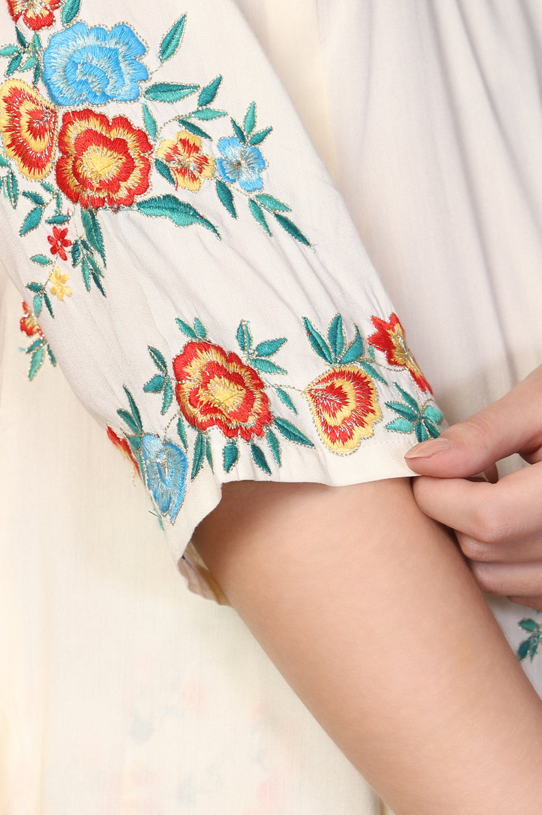 Off-White Embroidered A-Line Cotton Kurta with Trouser and Dupatta Set