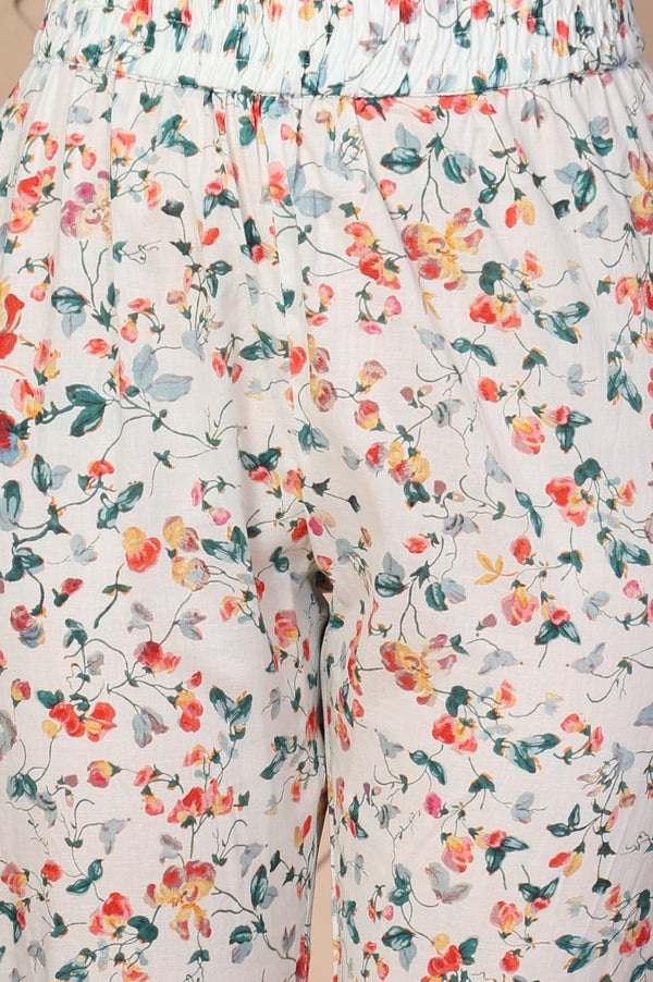 Off-White Embroidered A-Line Cotton Kurta with Trouser and Dupatta Set