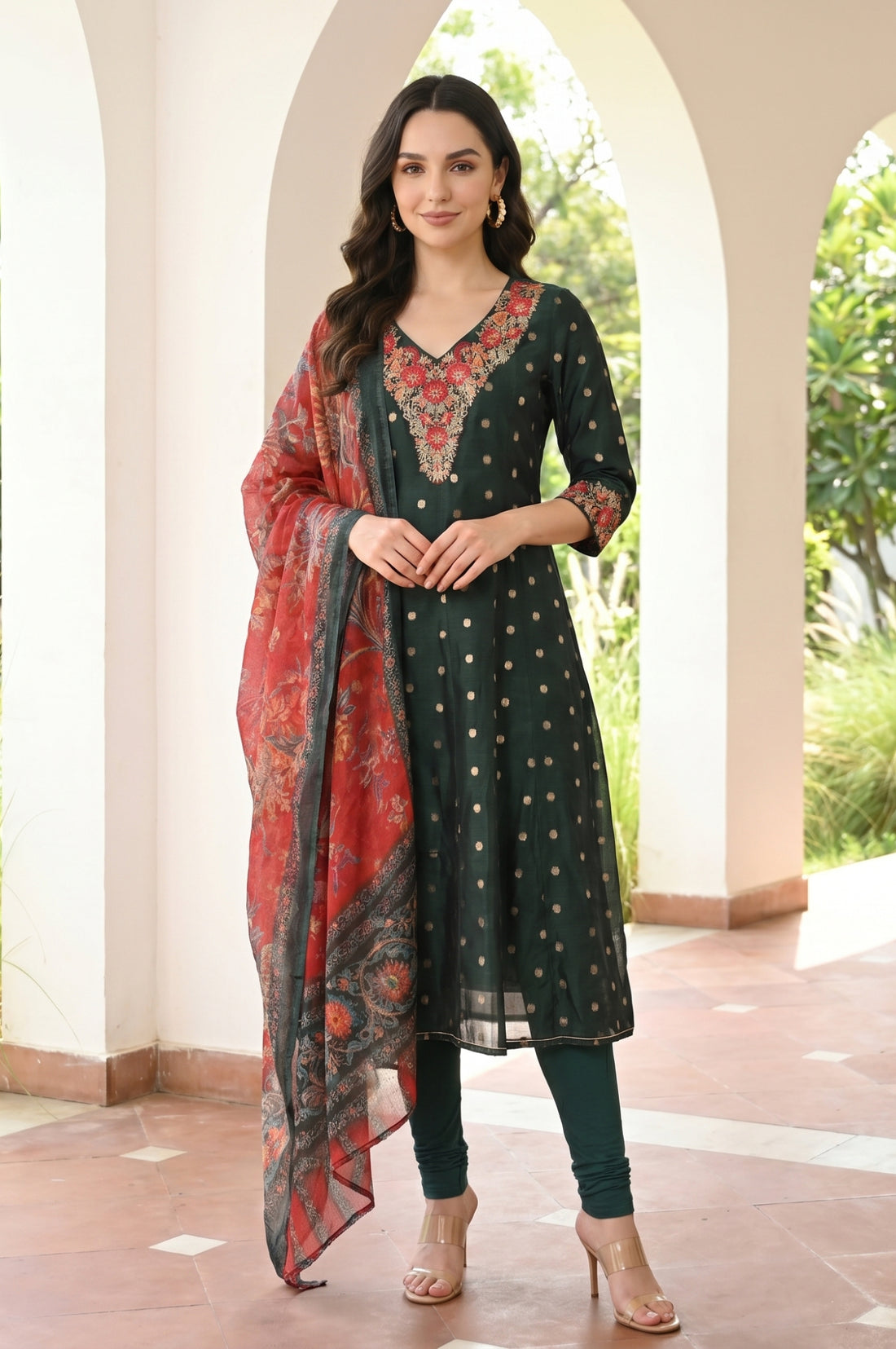 Red Floral Printed Chanderi Yarn Dyed Dupatta