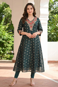 Dark Green Embroidered Chanderi Butta Flared Kurta
