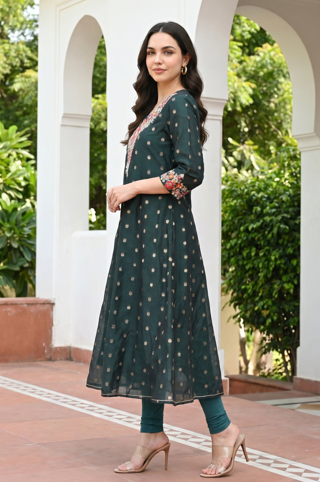 Dark Green Embroidered Chanderi Butta Flared Kurta