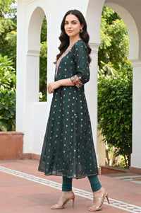 Dark Green Embroidered Chanderi Butta Flared Kurta