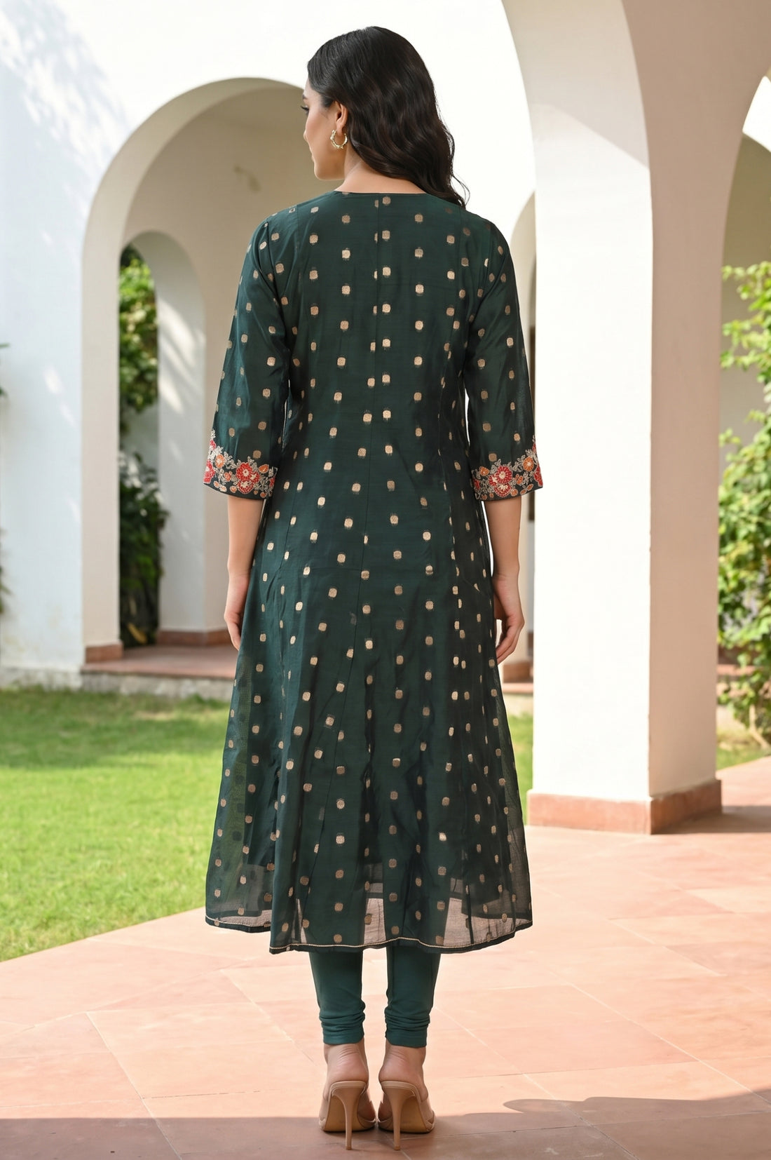 Dark Green Embroidered Chanderi Butta Flared Kurta