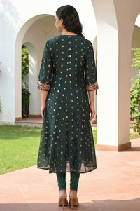 Dark Green Embroidered Chanderi Butta Flared Kurta