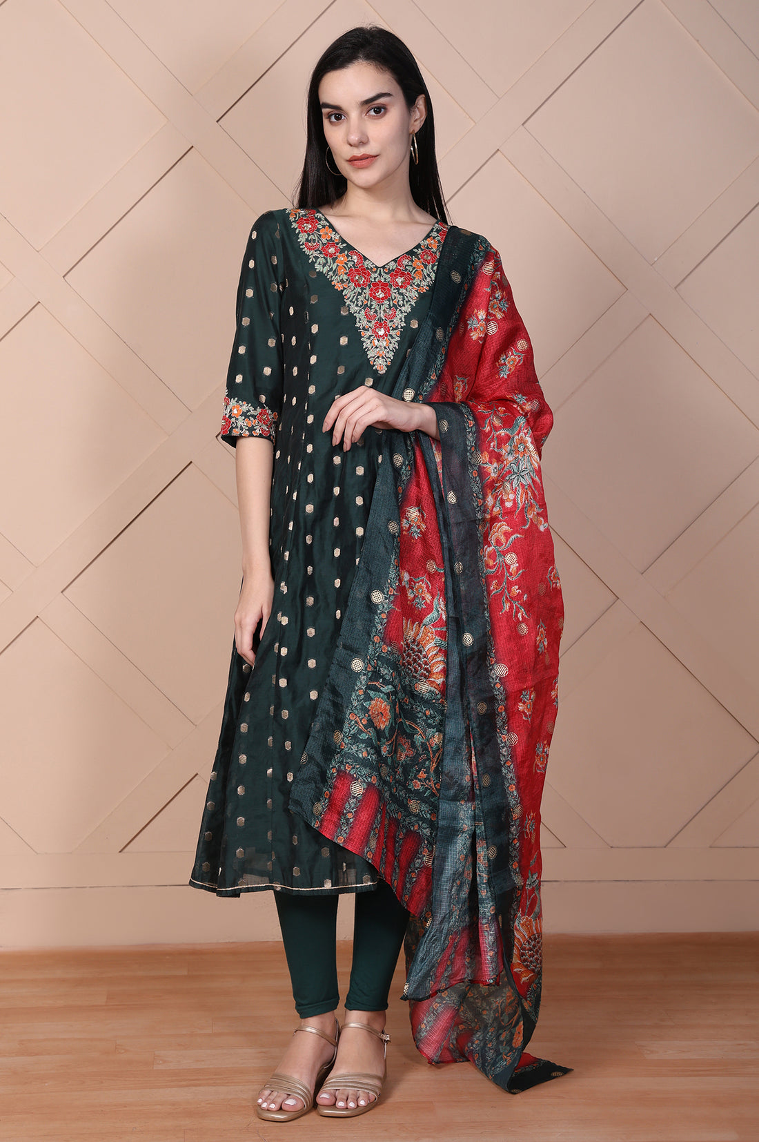 Green Embroidered A-Line Silk Blend Kurta with Legging and Dupatta Set