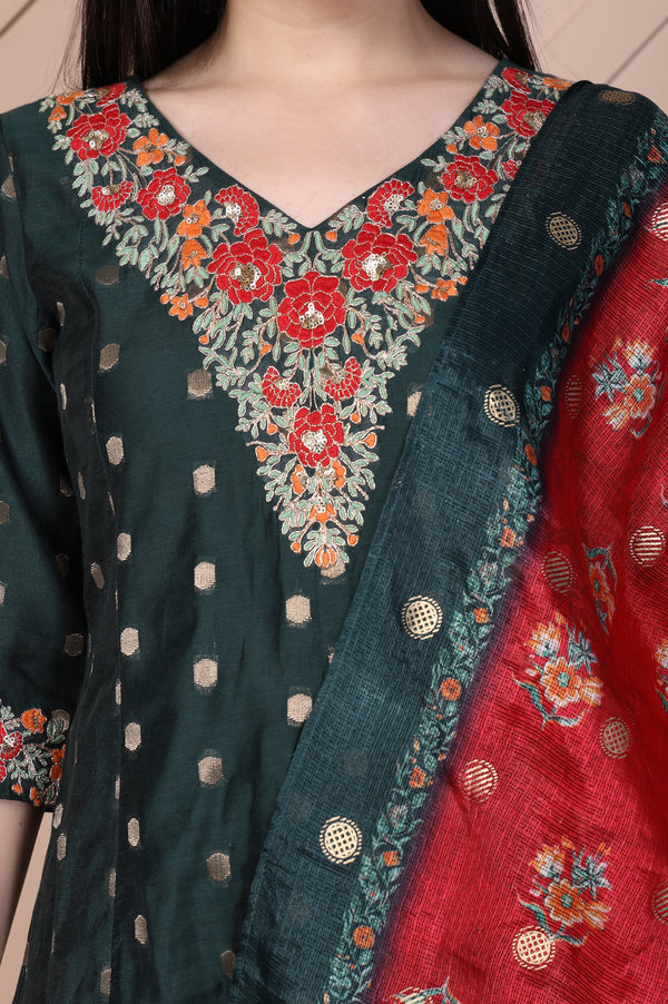 Green Embroidered A-Line Silk Blend Kurta with Legging and Dupatta Set