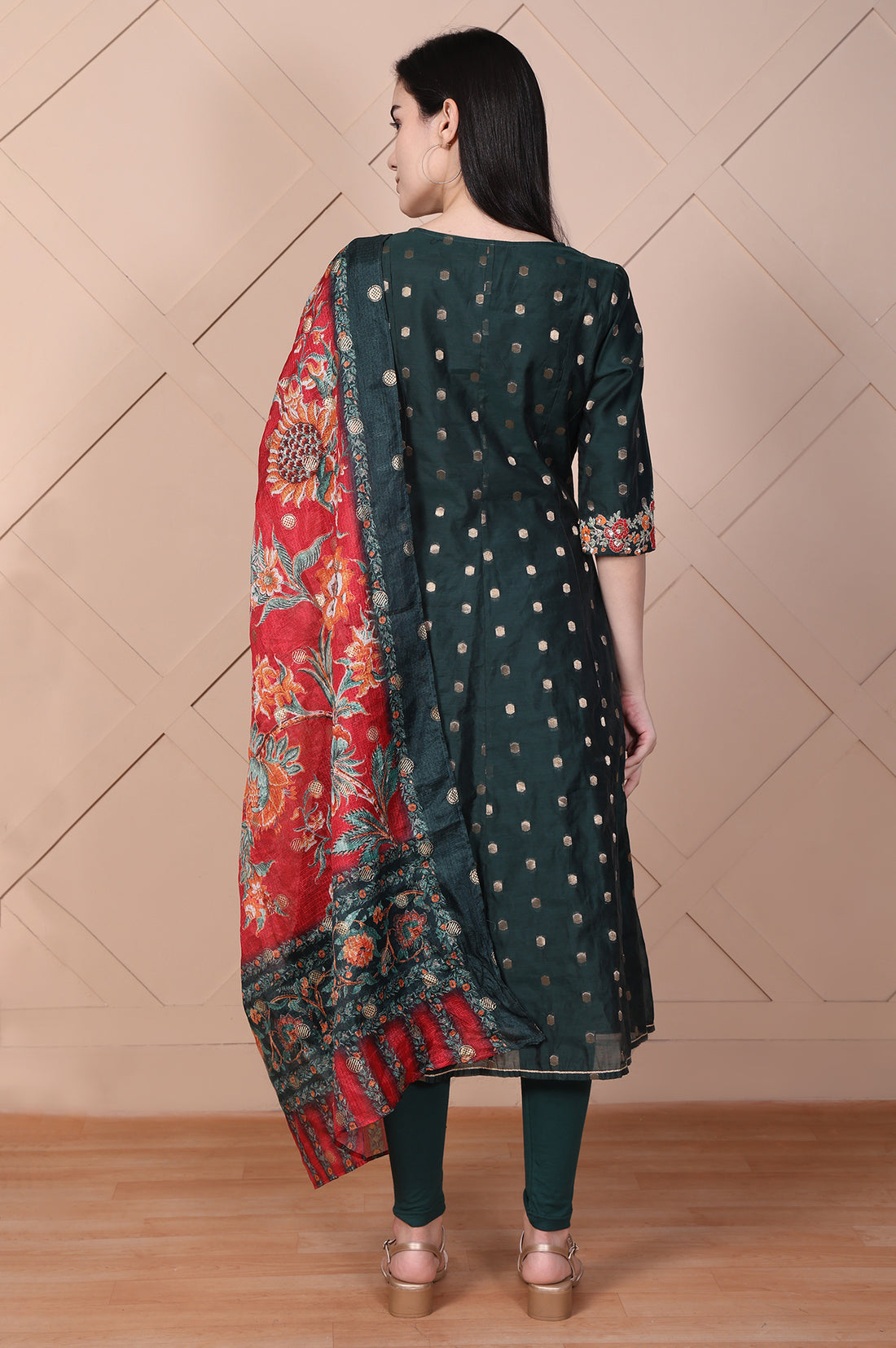 Green Embroidered A-Line Silk Blend Kurta with Legging and Dupatta Set