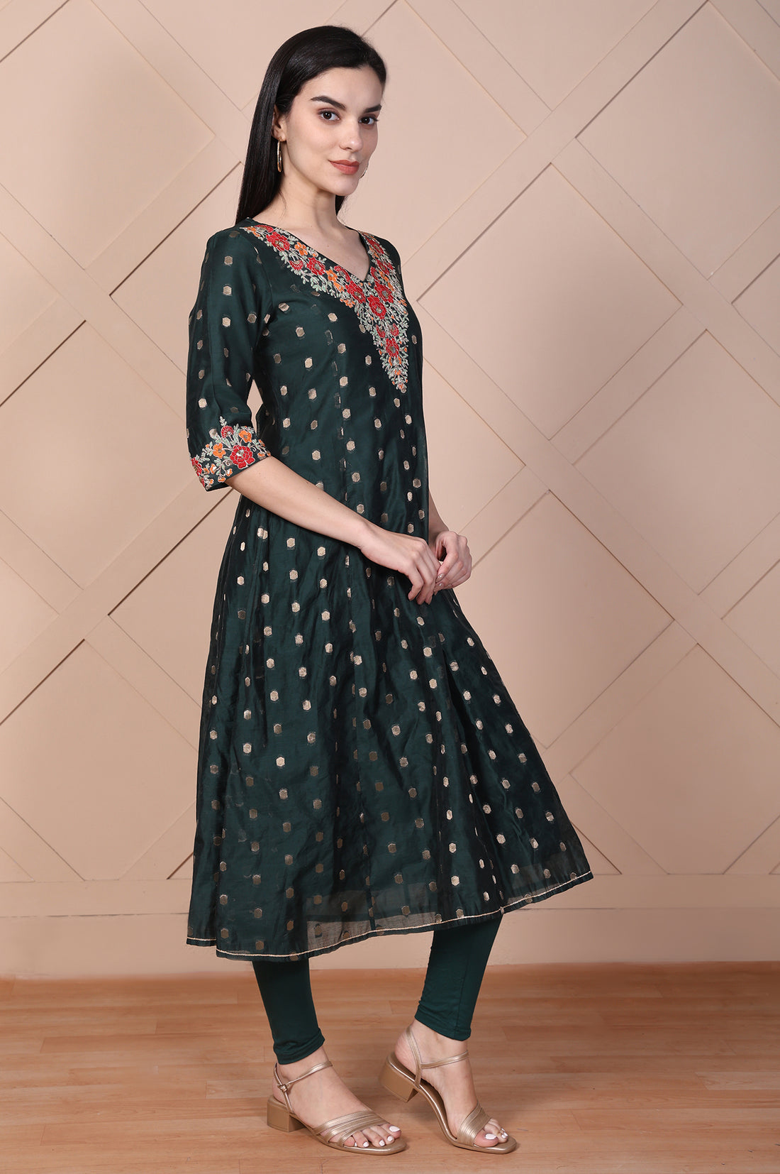 Green Embroidered A-Line Silk Blend Kurta with Legging and Dupatta Set