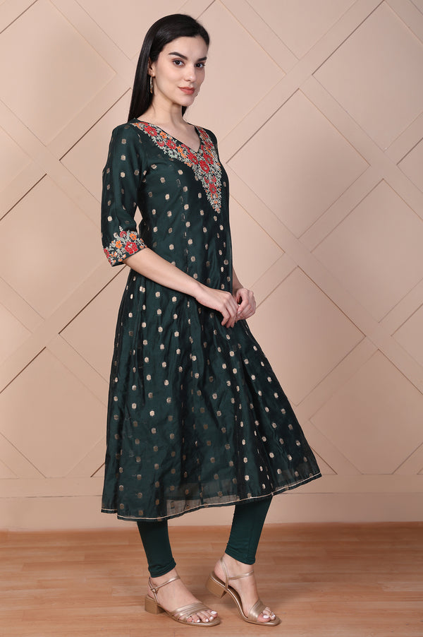 Green Embroidered A-Line Silk Blend Kurta with Legging and Dupatta Set