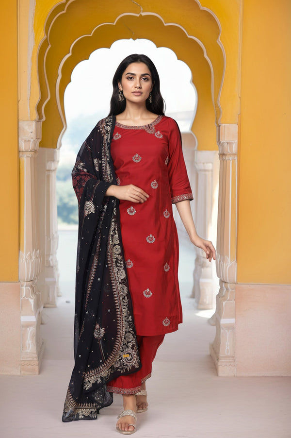 Marron Embroidered Straight Kurta with Pant and Dupatta Set