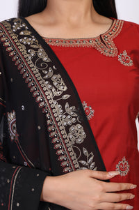 Marron Embroidered Straight Kurta with Pant and Dupatta Set