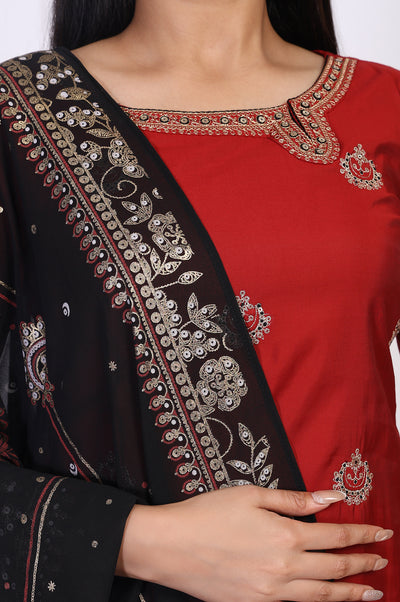 Marron Embroidered Straight Kurta with Pant and Dupatta Set