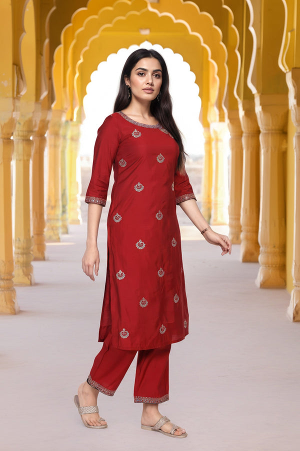 Marron Embroidered Straight Kurta with Pant and Dupatta Set