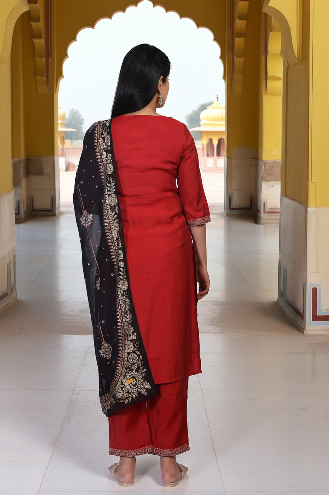 Marron Embroidered Straight Kurta with Pant and Dupatta Set