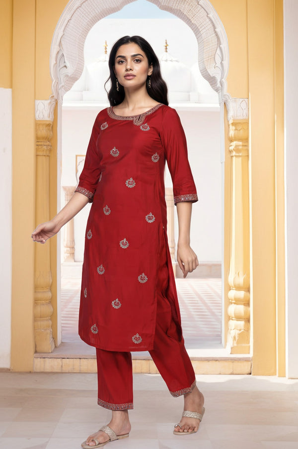 Marron Embroidered Straight Kurta with Pant and Dupatta Set