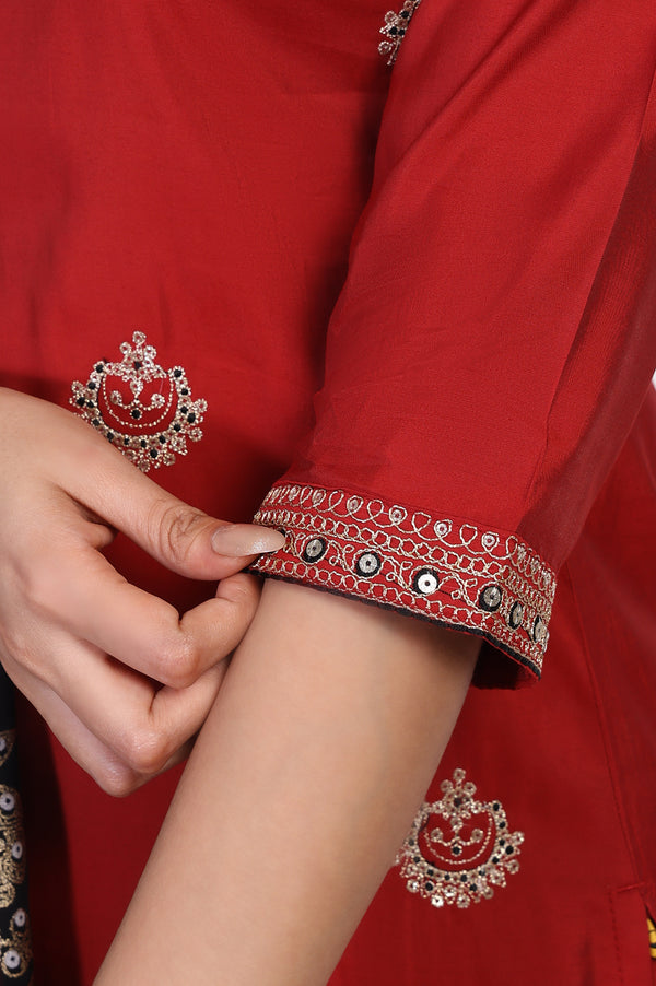 Marron Embroidered Straight Kurta with Pant and Dupatta Set