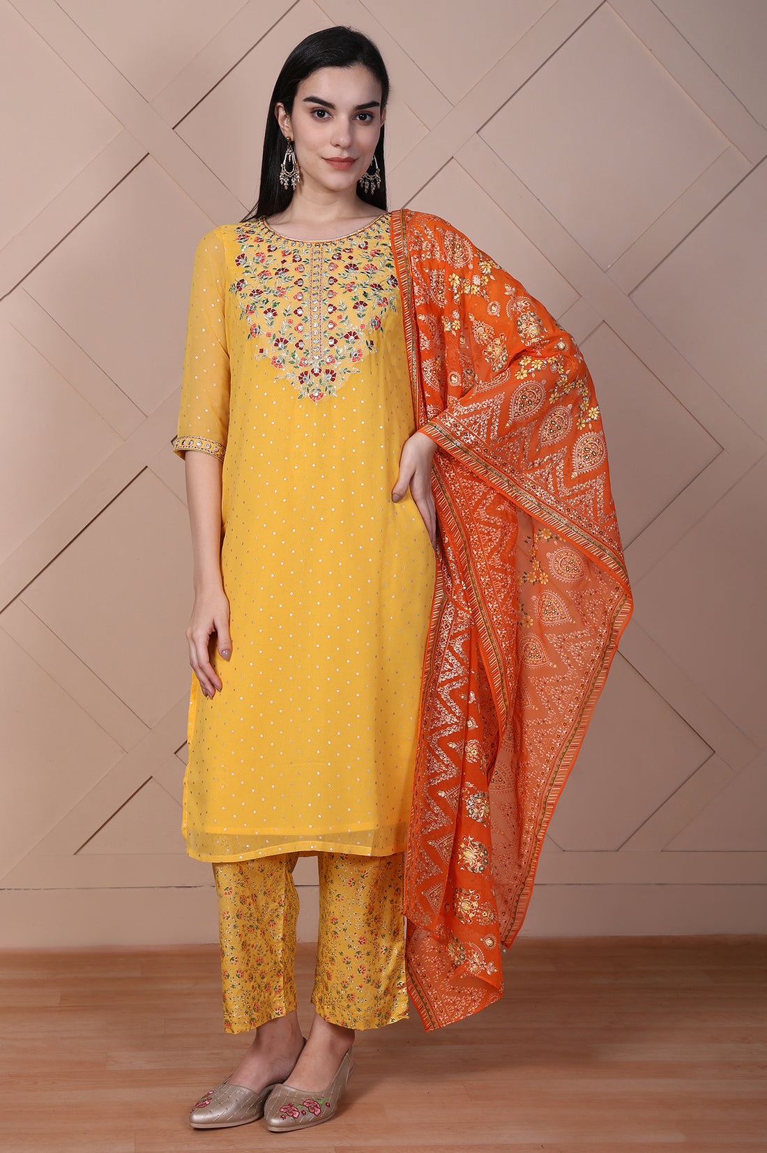 Yellow Floral Printed Embroidered Georgette Straight Kurta, Palazzos and Dupatta Set