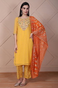 Yellow Floral Printed Embroidered Georgette Straight Kurta, Palazzos and Dupatta Set