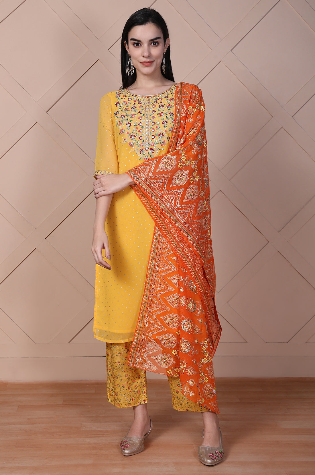 Yellow Floral Printed Embroidered Georgette Straight Kurta, Palazzos and Dupatta Set