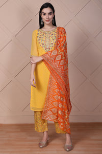 Yellow Floral Printed Embroidered Georgette Straight Kurta, Palazzos and Dupatta Set