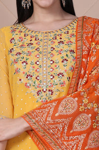 Yellow Floral Printed Embroidered Georgette Straight Kurta, Palazzos and Dupatta Set