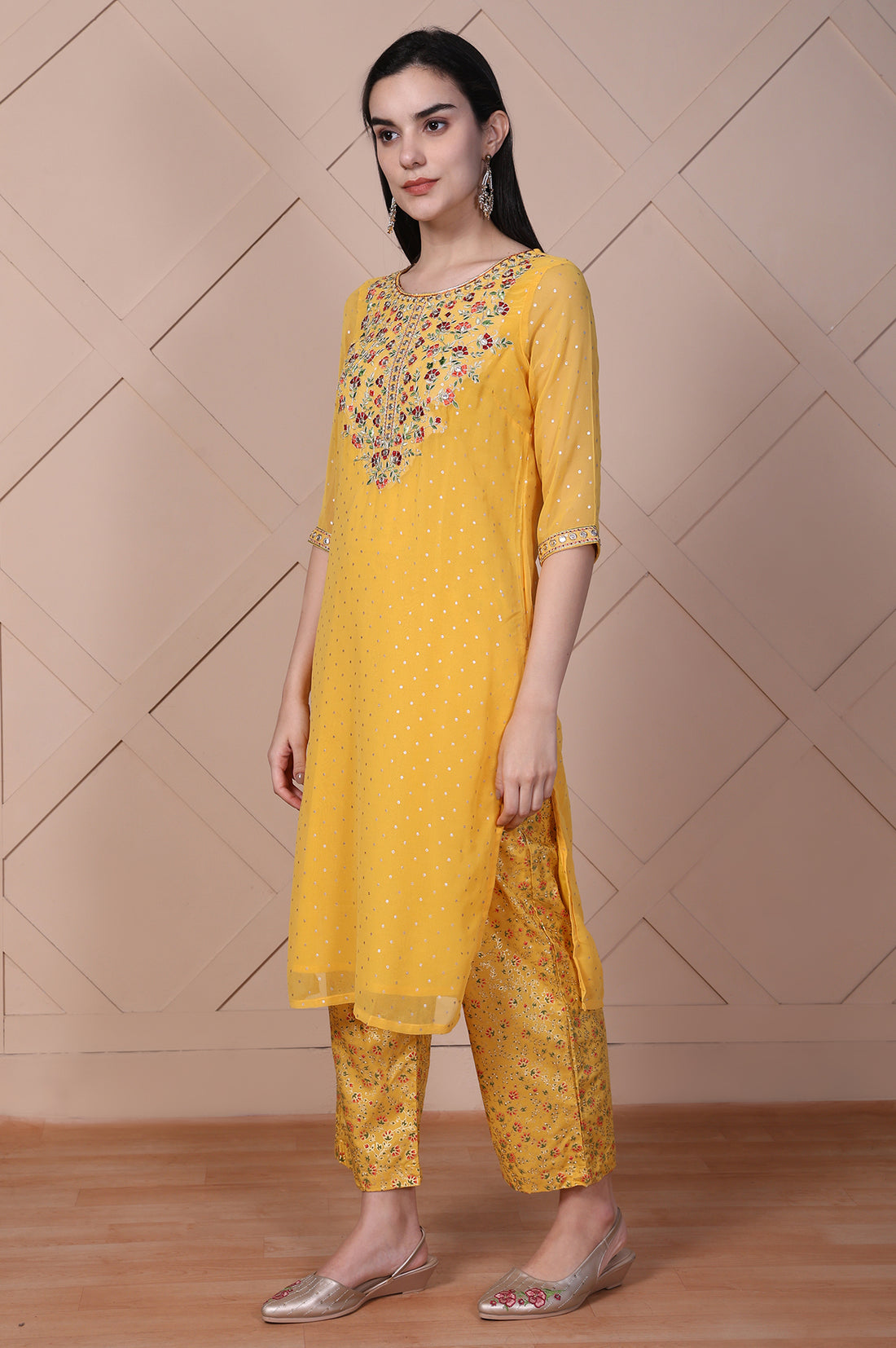 Yellow Floral Printed Embroidered Georgette Straight Kurta, Palazzos and Dupatta Set