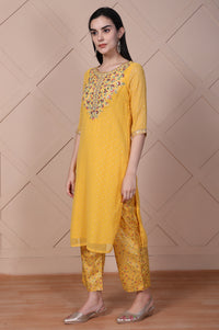Yellow Floral Printed Embroidered Georgette Straight Kurta, Palazzos and Dupatta Set