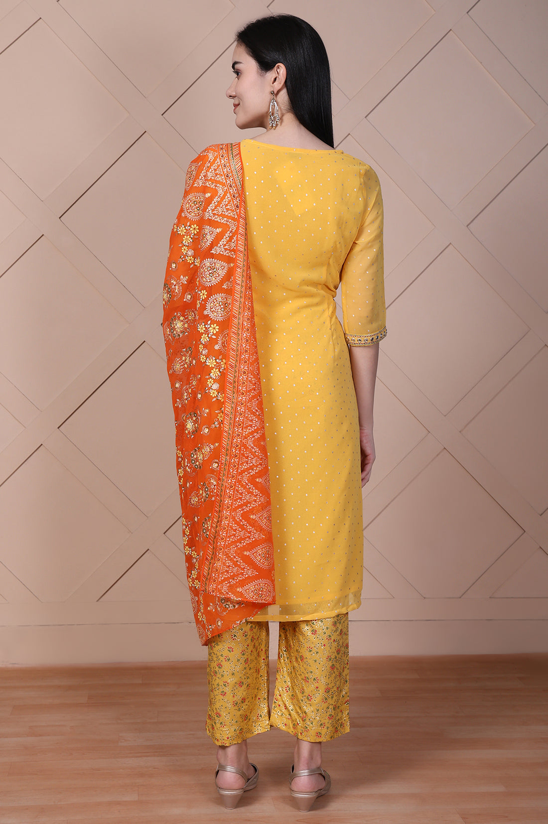 Yellow Floral Printed Embroidered Georgette Straight Kurta, Palazzos and Dupatta Set
