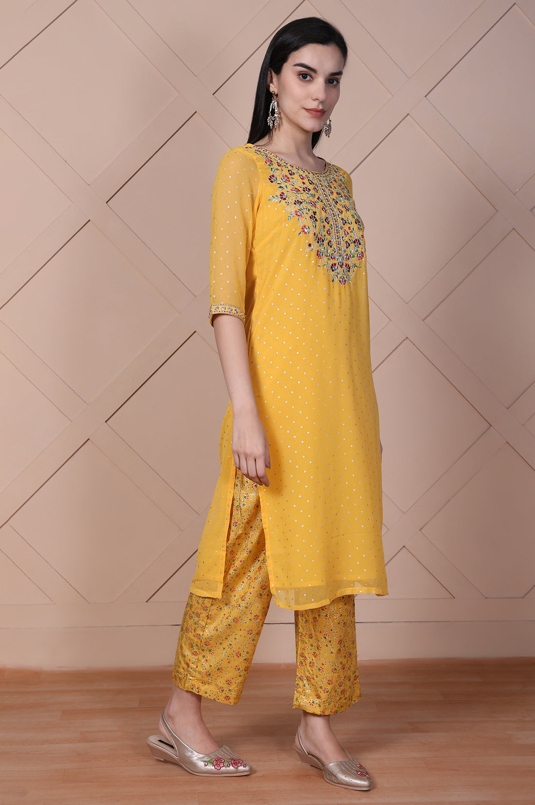 Yellow Floral Printed Embroidered Georgette Straight Kurta, Palazzos and Dupatta Set