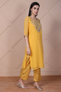 Yellow Floral Printed Embroidered Georgette Straight Kurta, Palazzos and Dupatta Set