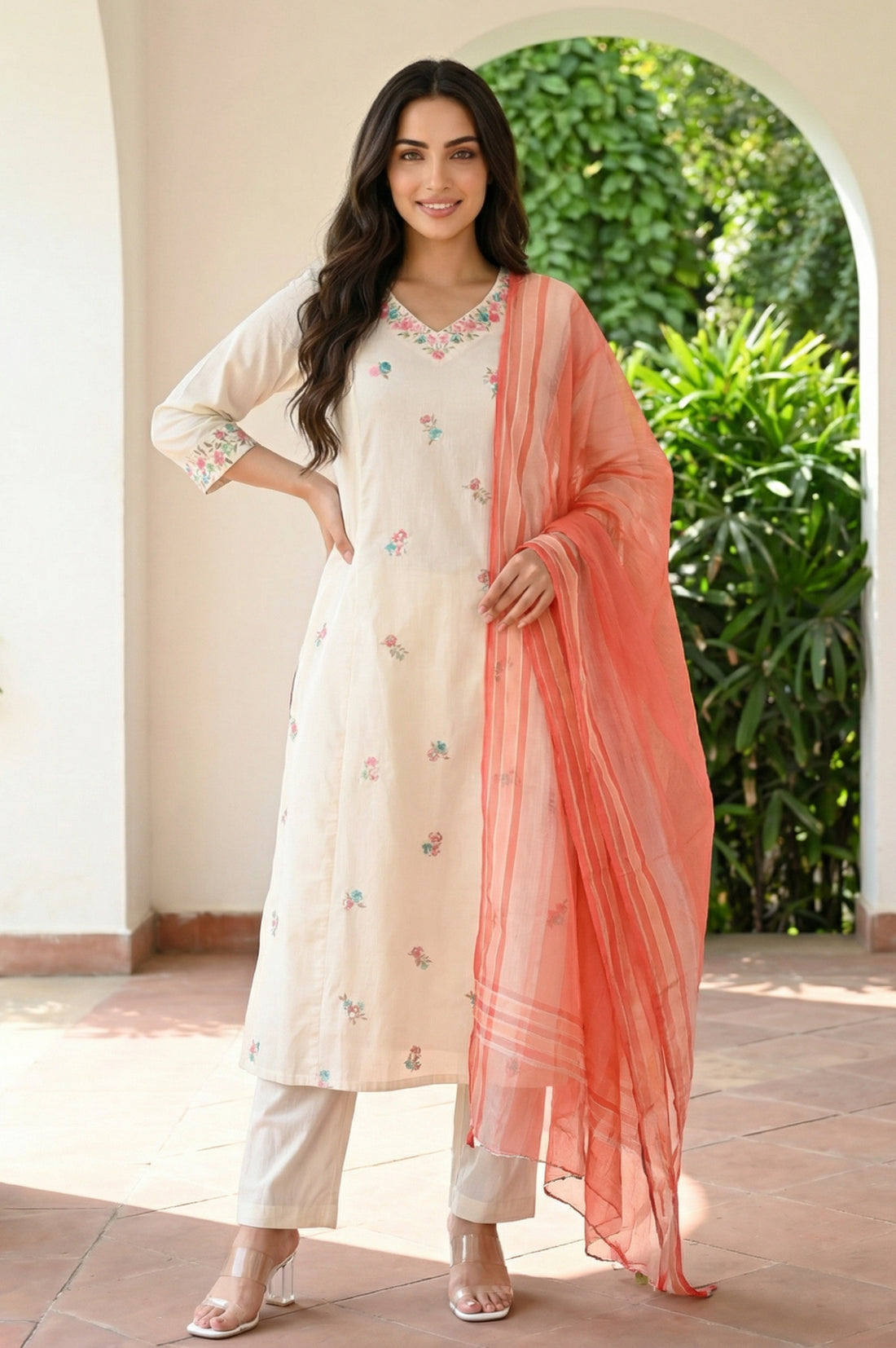 Off White Sequins Straight Kurta with Trousers and Dupatta Set