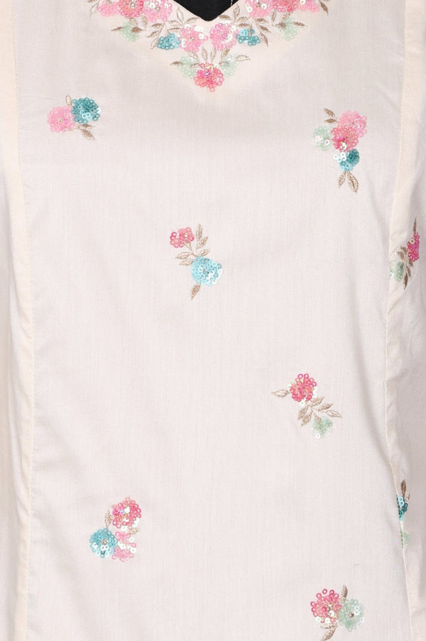 Off White Sequins Straight Kurta with Trousers and Dupatta Set