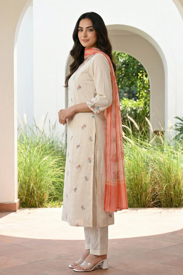 Off White Sequins Straight Kurta with Trousers and Dupatta Set