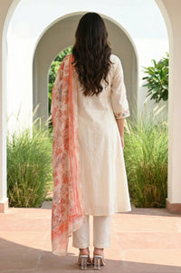 Off White Sequins Straight Kurta with Trousers and Dupatta Set