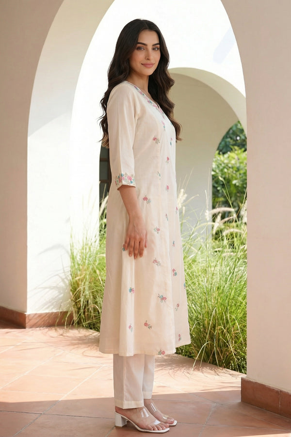 Off White Sequins Straight Kurta with Trousers and Dupatta Set