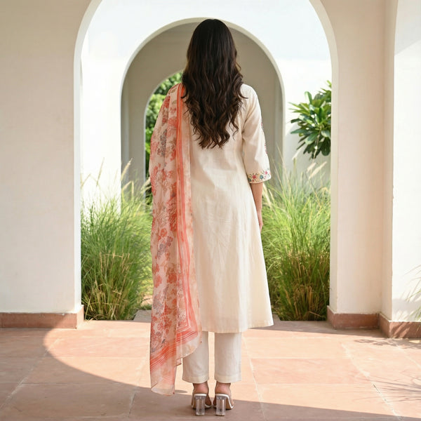 Off White Sequins Straight Kurta with Trousers and Dupatta Set