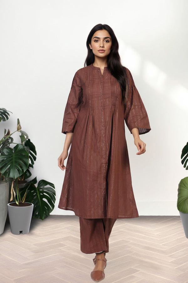 Brown Striped A-Line Cotton Kurta with Palazzo Set