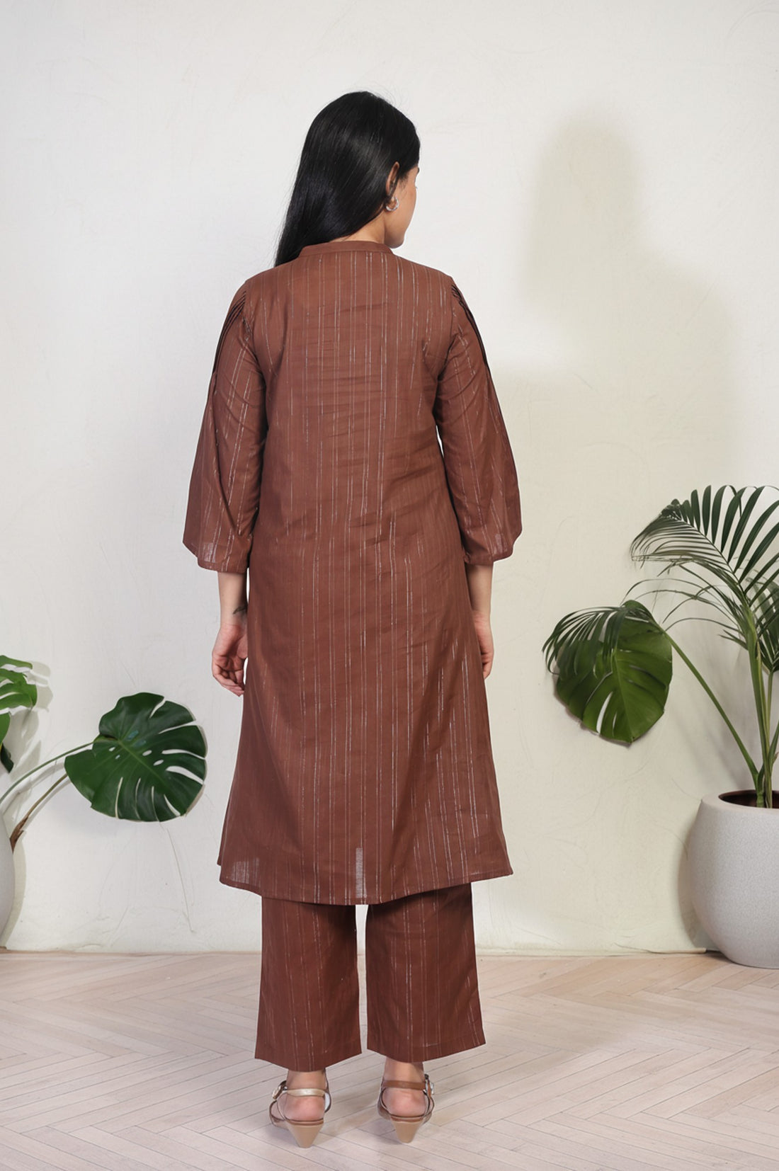 Brown Striped A-Line Cotton Kurta with Palazzo Set