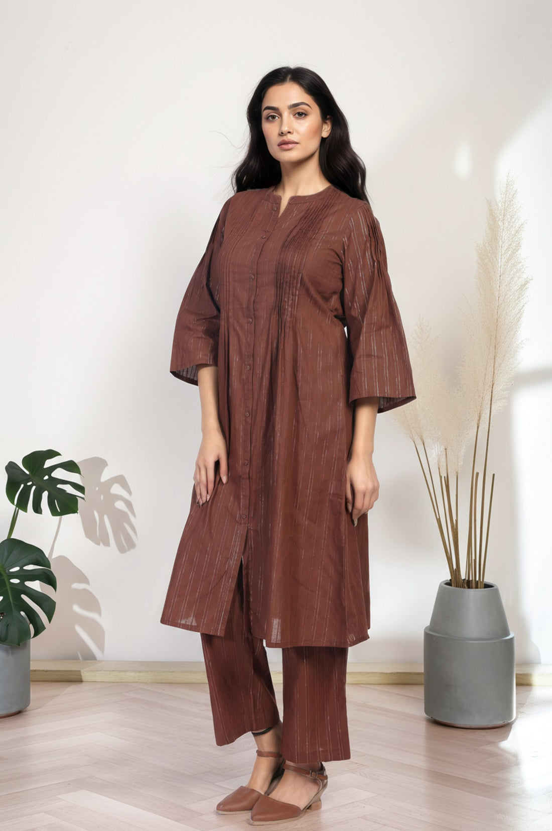 Brown Striped A-Line Cotton Kurta with Palazzo Set