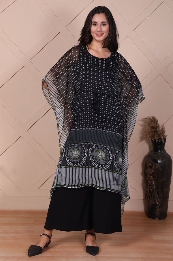 Black Geometric Printed Flared Kaftan with Inner
