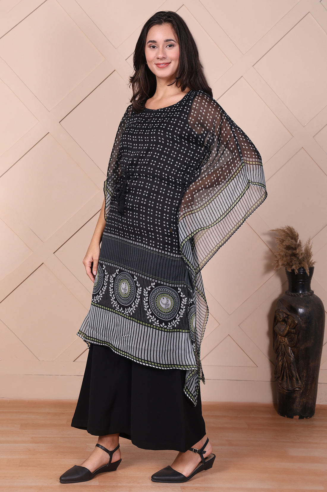 Black Geometric Printed Flared Kaftan with Inner