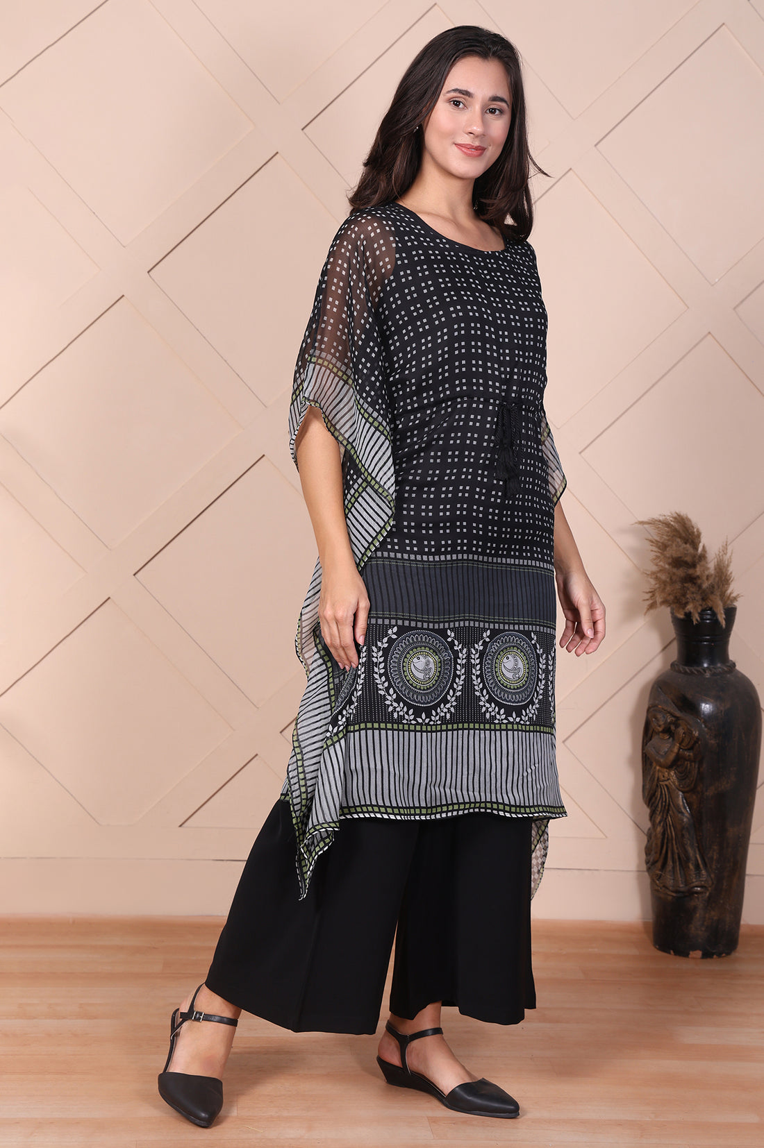 Black Geometric Printed Flared Kaftan with Inner