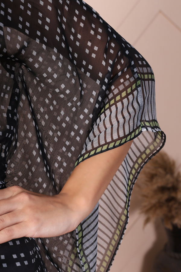 Black Geometric Printed Flared Kaftan with Inner