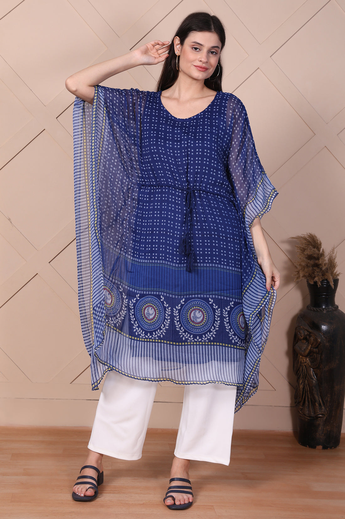 Blue Geometric Printed Flared Kaftan with Inner