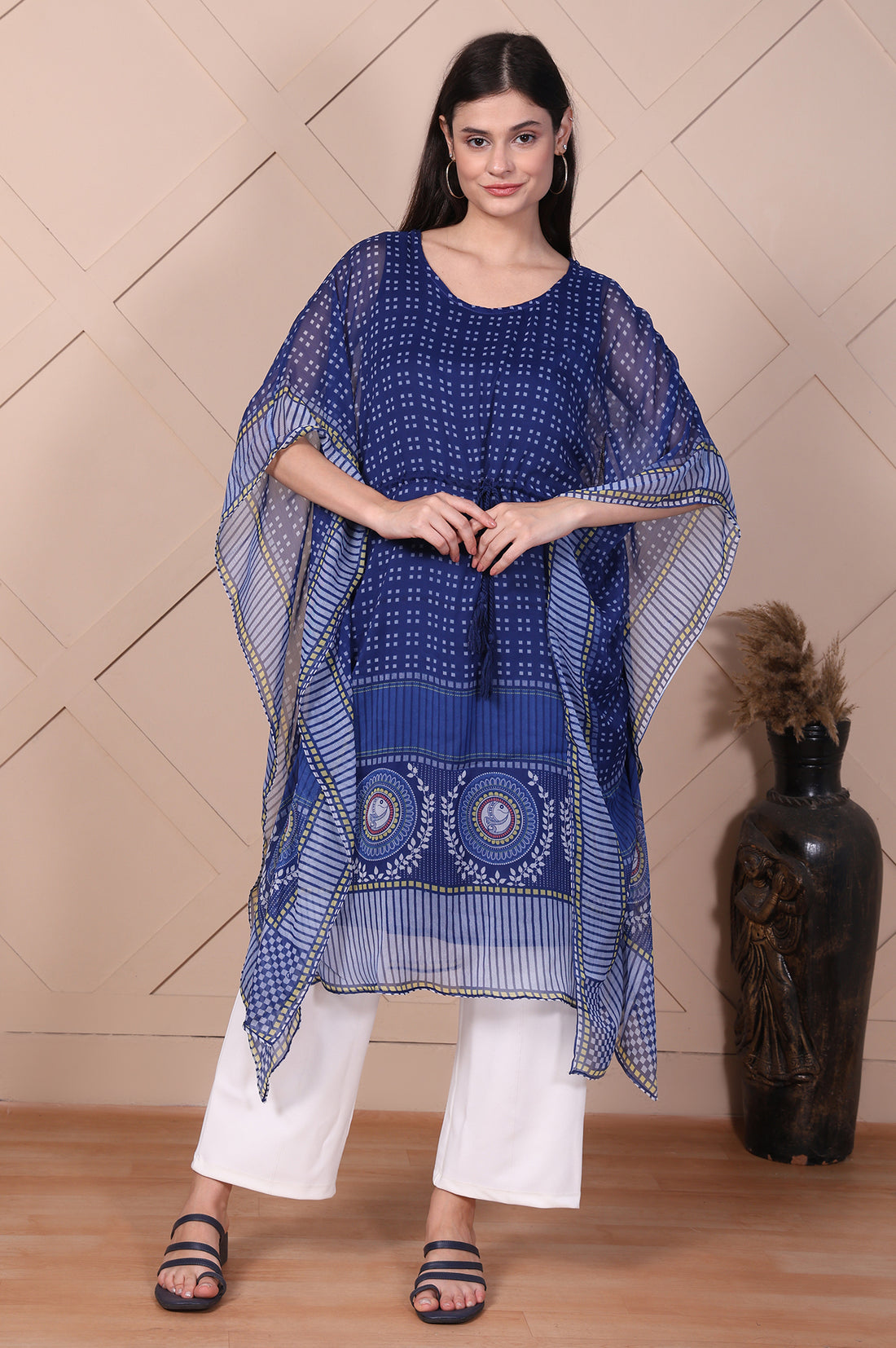 Blue Geometric Printed Flared Kaftan with Inner