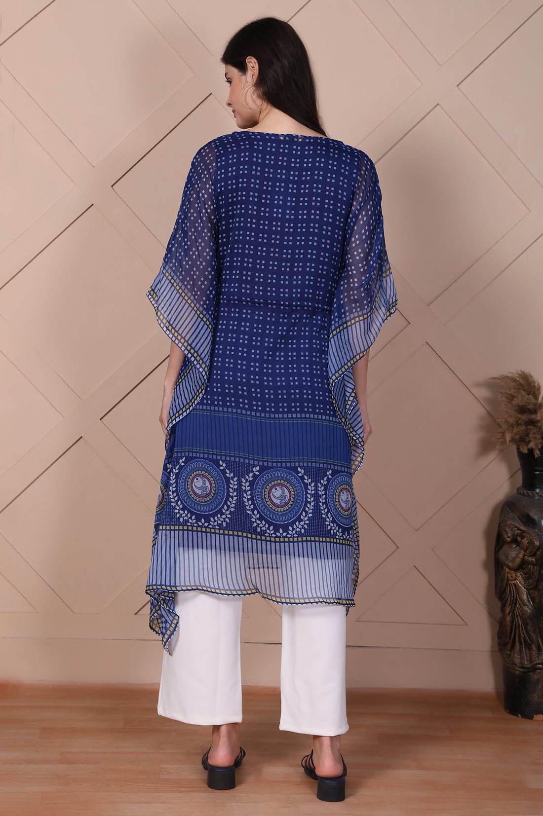 Blue Geometric Printed Flared Kaftan with Inner