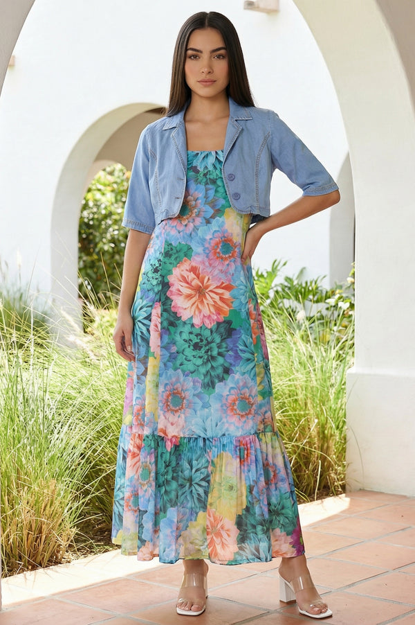 Blue Floral Printed Flared Chinon Dress and Jacket Set