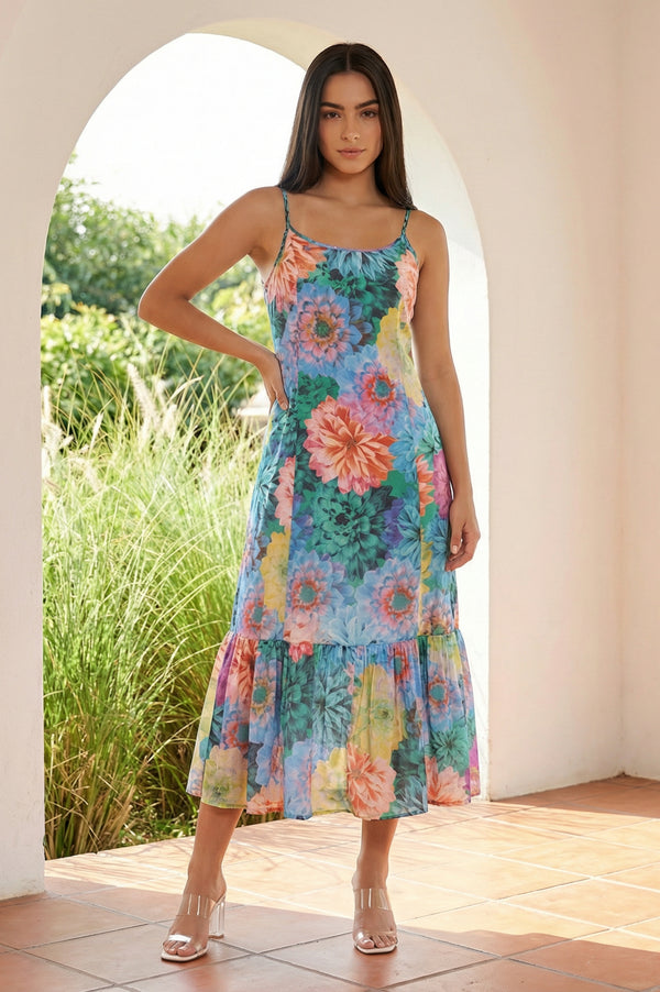 Blue Floral Printed Flared Chinon Dress and Jacket Set