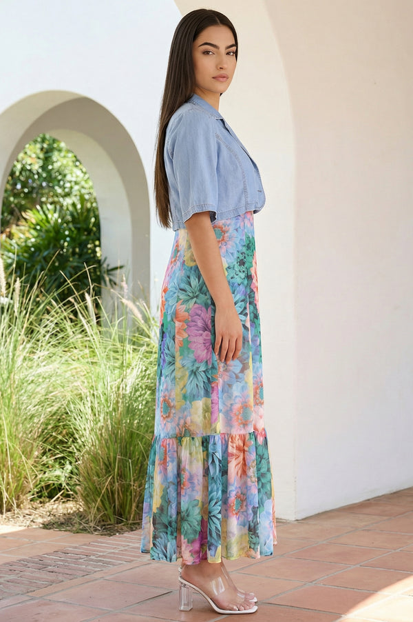 Blue Floral Printed Flared Chinon Dress and Jacket Set