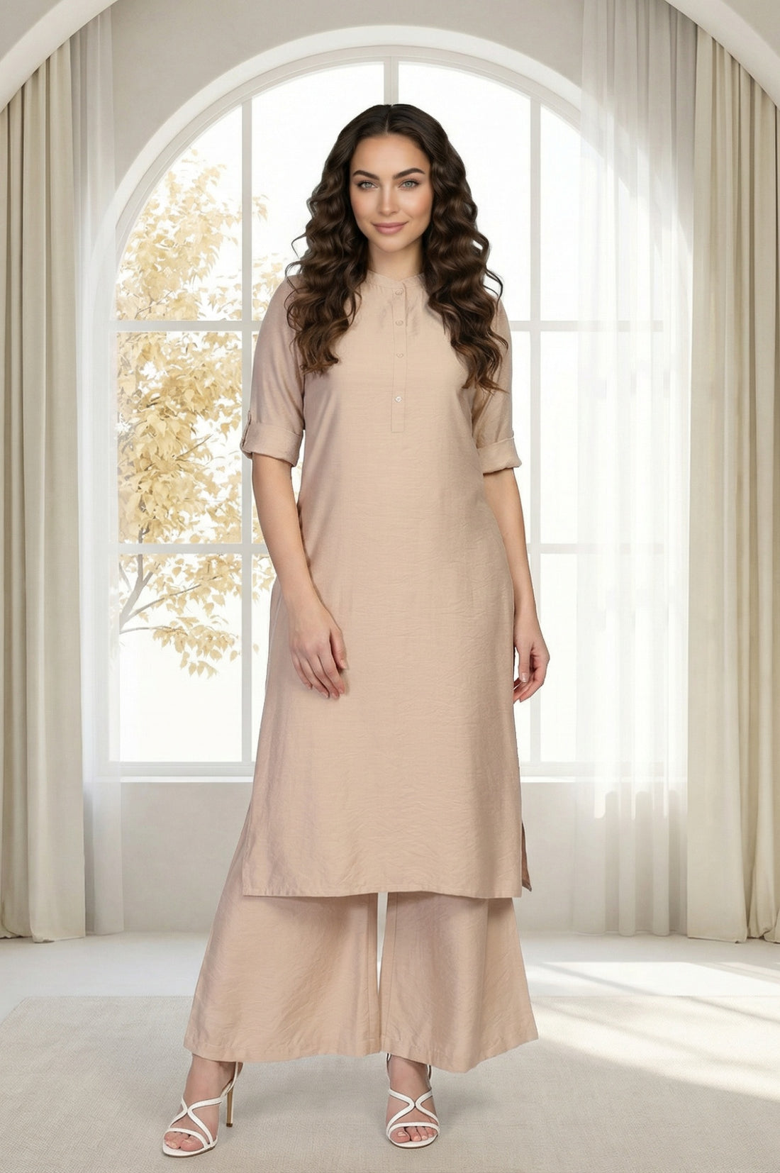 Beige Solid Straight Kurta and Palazzo Co-ord Set